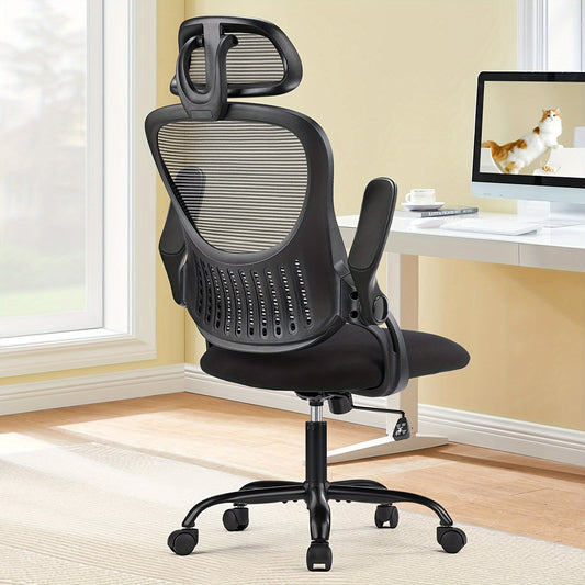 Ergonomic Office Desk Computer Chair, High Back Comfy Swivel Home Gaming Mesh Chairs With Wheels, Adjustable Headrest, Comfortable Lumbar Support, Flip-up Arms, 144° Tilt For Study