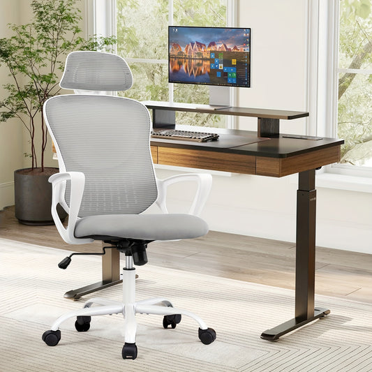 Ergonomic Office Desk Computer Chair, High Back Comfy Swivel Home Gaming Mesh Chairs With Wheels, Adjustable Headrest, Comfortable Lumbar Support, Flip-up Arms, 144° Tilt For Study